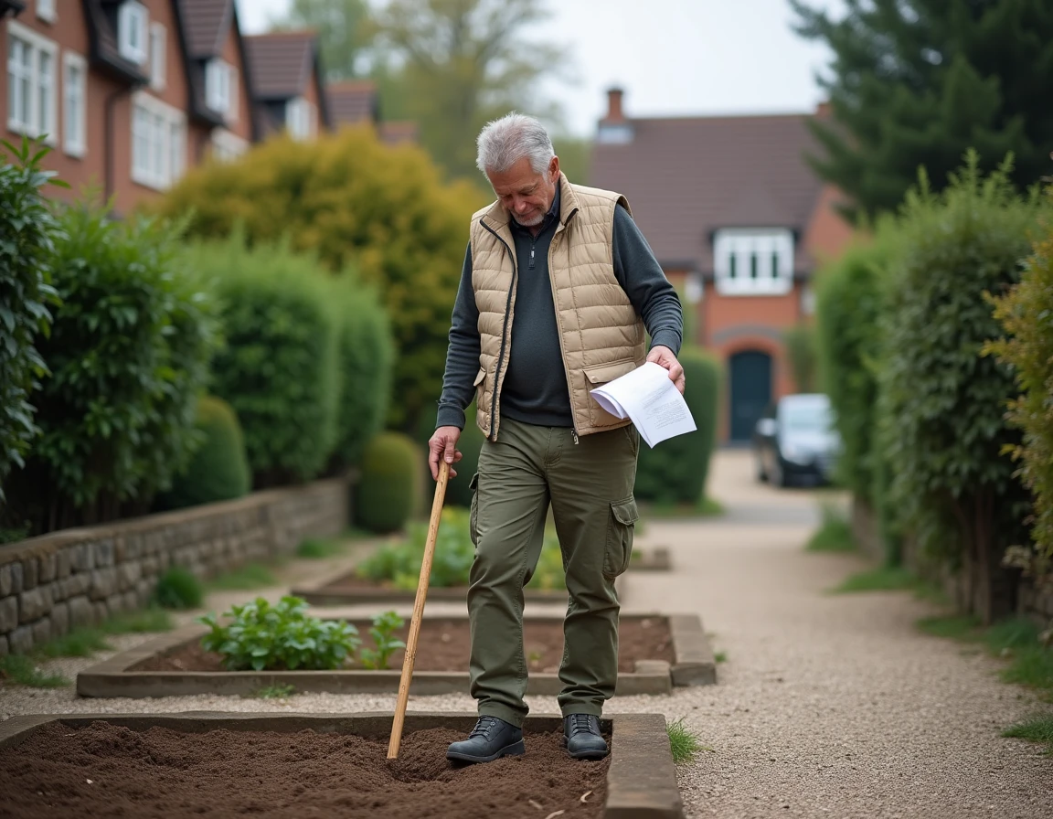 Homme debout sur une parcelle d'un mètre carré dans un jardin urbain avec un plan en main