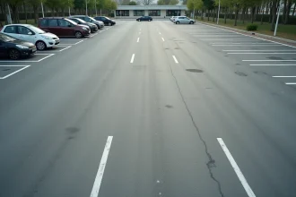 Vue aérienne d'un parking urbain avec des places standard délimitées par des lignes blanches sur asphalte gris