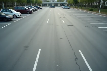 Vue aérienne d'un parking urbain avec des places standard délimitées par des lignes blanches sur asphalte gris