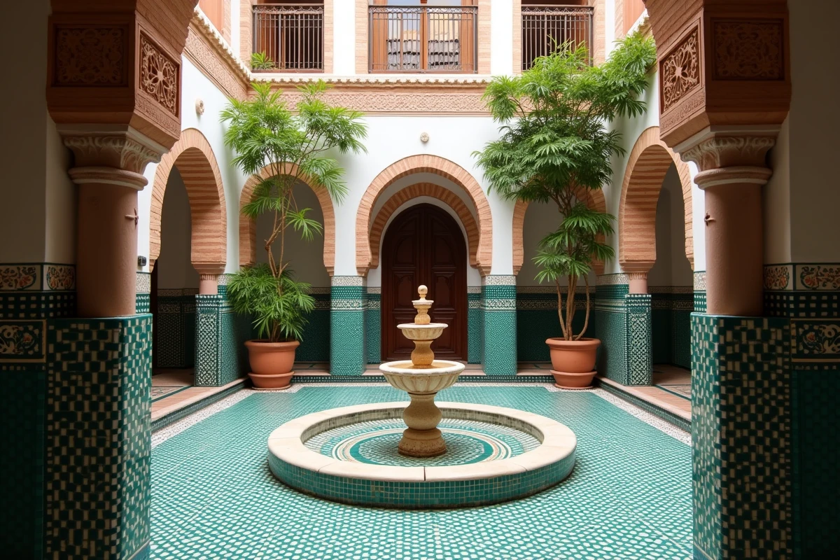 Patio intérieur avec fontaine en zellige d'une petite villa marocaine abordable à vendre à Marrakech