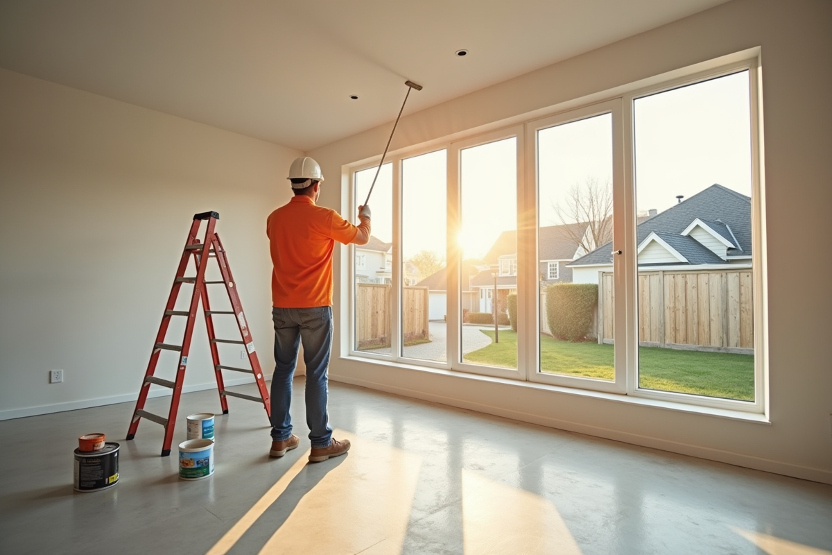 Ouvrier en protection peignant une pièce rénovée dans une maison