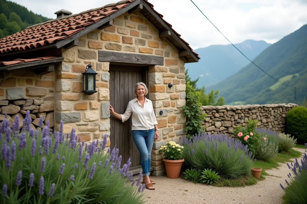 Petite maison en pierre avec jardin fleuri à louer dans les Hautes-Pyrénées, femme devant le portail