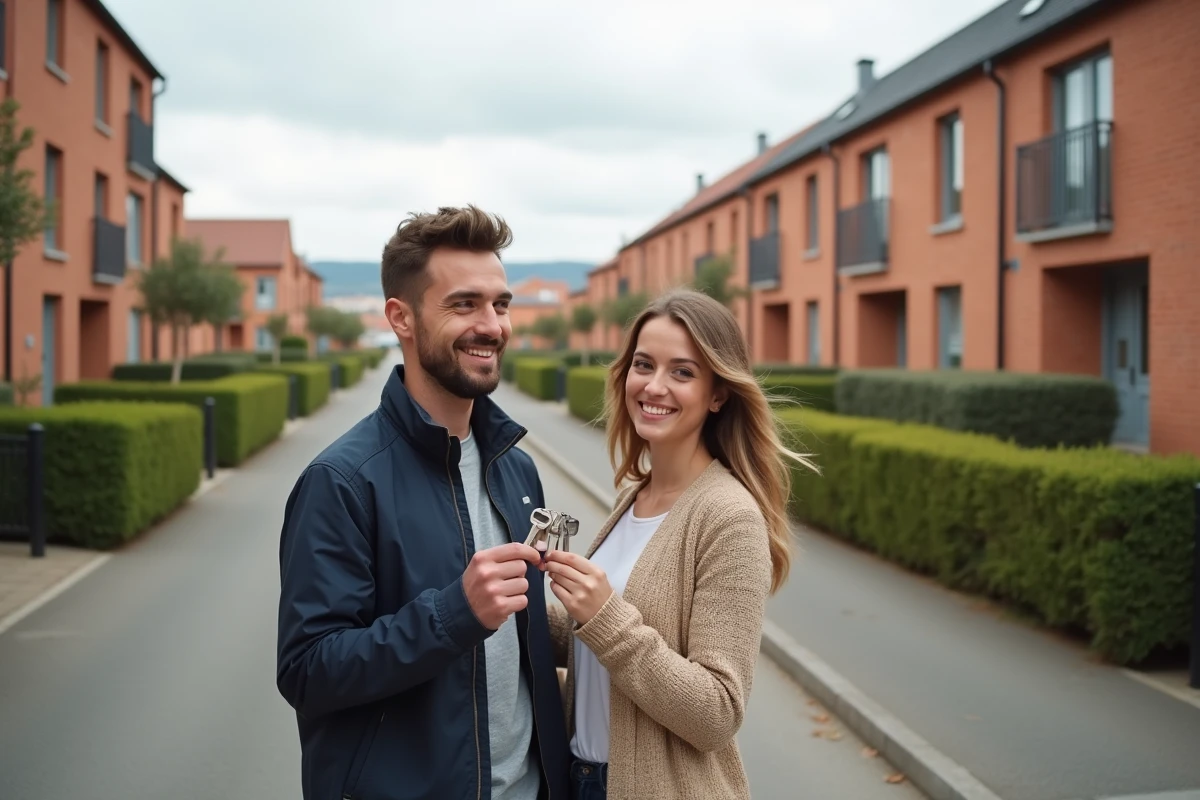 Jeune couple tenant des clés devant un immeuble résidentiel dans le quartier Montaudran à Toulouse, symbolisant leur premier achat immobilier