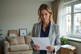 Femme consultant des documents administratifs dans un appartement récemment emménagé pour prouver l'occupation d'un logement vacant