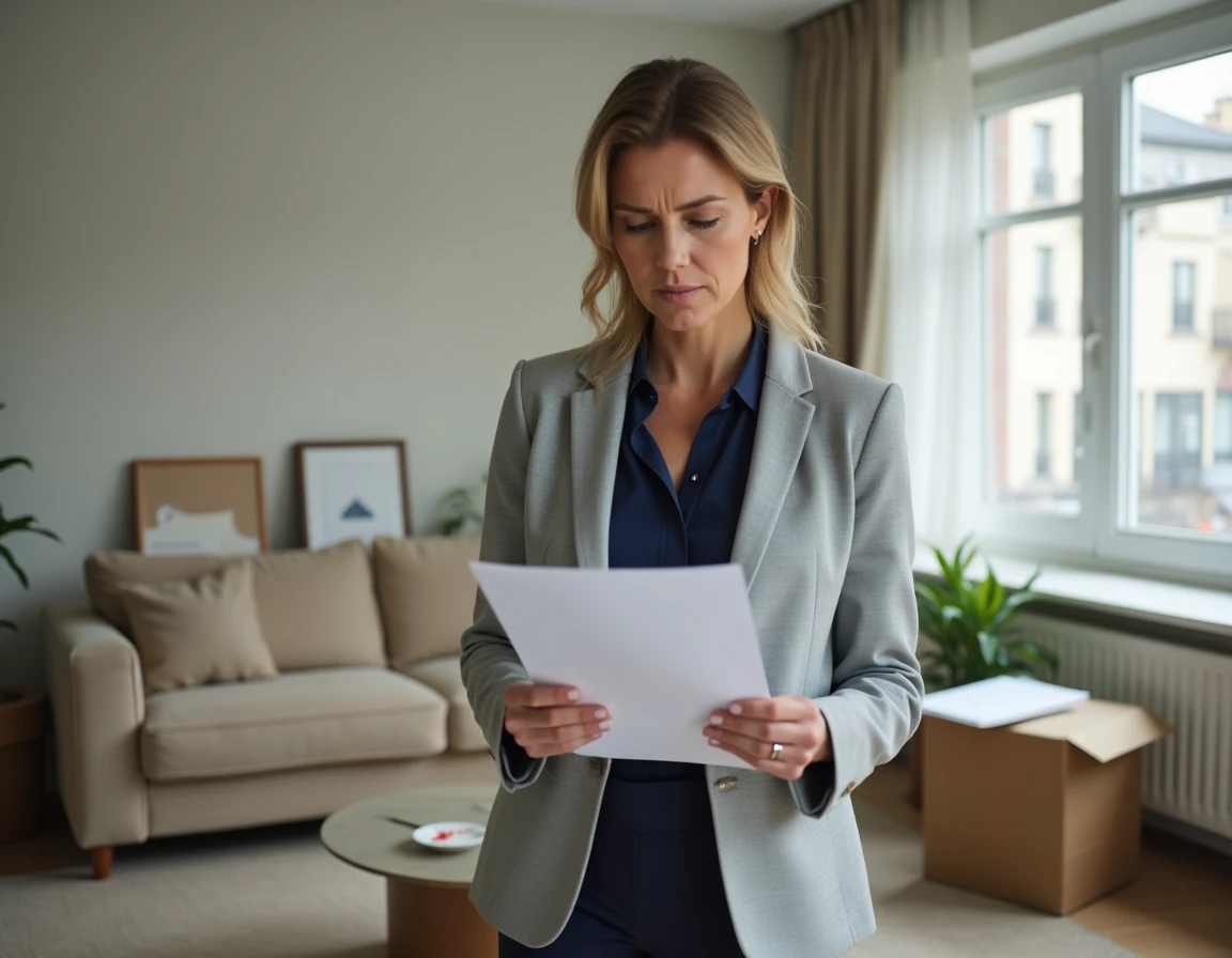 Femme consultant des documents administratifs dans un appartement récemment emménagé pour prouver l'occupation d'un logement vacant