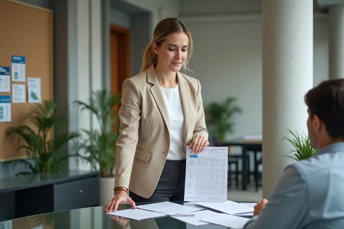 Professionnelle de l'immobilier commercial présentant un tableau d'indices de loyers commerciaux à un client