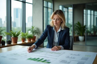Professionnelle de l'immobilier analysant des rapports RSE et des plans d'architecture dans un bureau moderne aux matériaux durables
