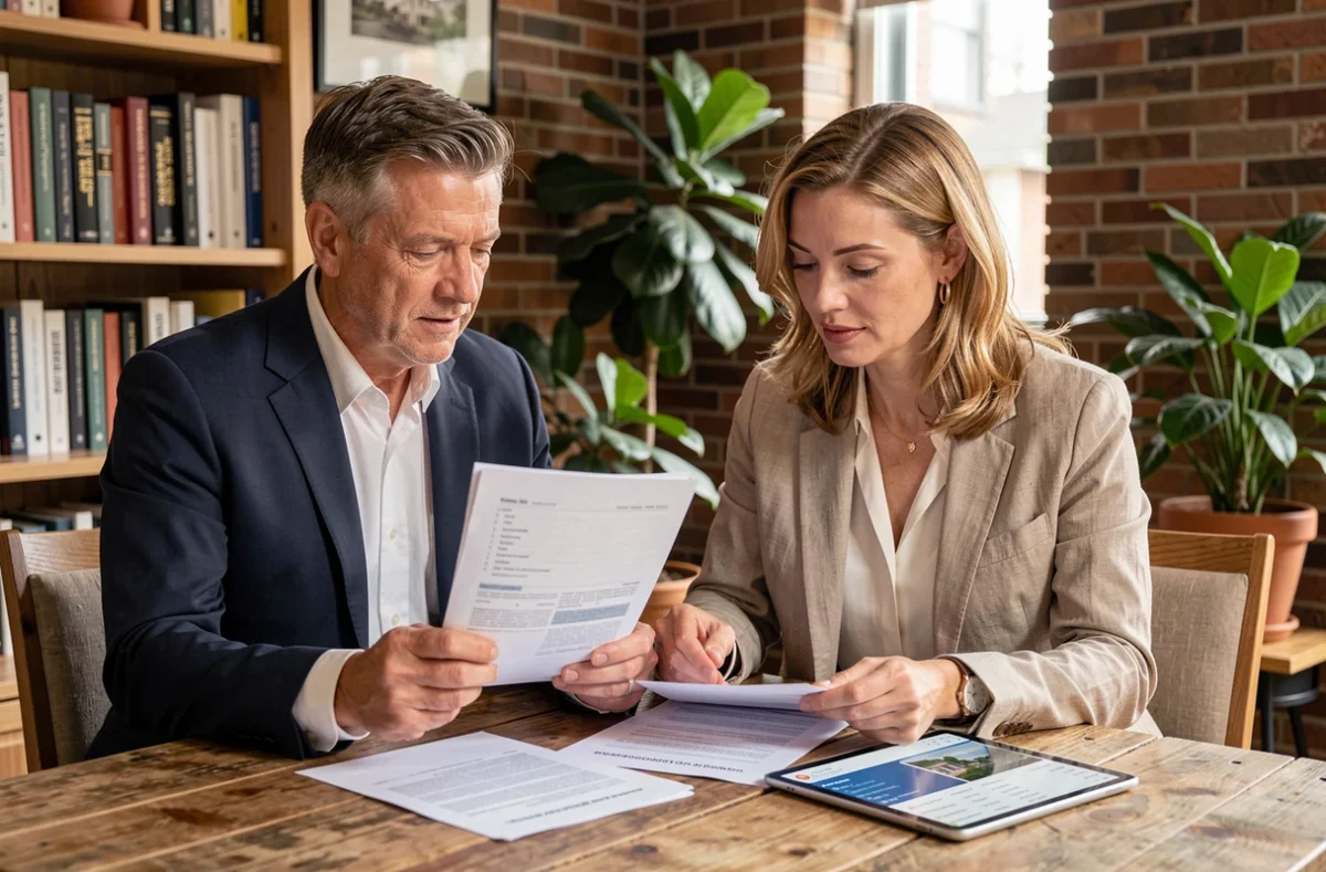 Deux professionnels de l'immobilier analysant des documents fonciers et des données de portail en ligne lors d'une réunion de travail