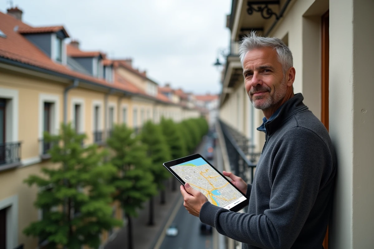 Propriétaire bailleur consultant une carte comparative des loyers par quartier à Lyon sur tablette numérique