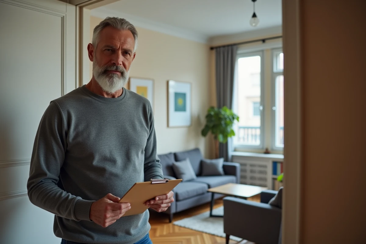 Propriétaire effectuant un état des lieux de sortie dans un appartement meublé avec checklist, étape clé pour la restitution du dépôt de garantie