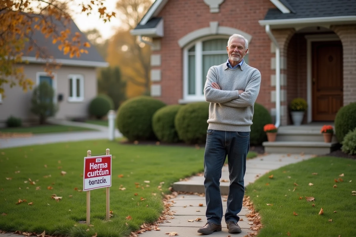 Propriétaire vendeur devant sa maison avec panneau À Vendre, réfléchissant à la stratégie de vente avec honoraires inclus dans le prix