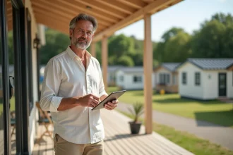 Propriétaire de mobil home en résidence secondaire consultant des documents de statut LMNP sur une terrasse en bois dans un parc résidentiel
