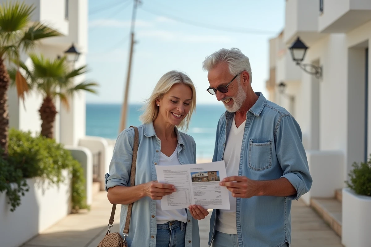 Couple de propriétaires examinant une estimation immobilière devant leur appartement en bord de mer dans une ville côtière française