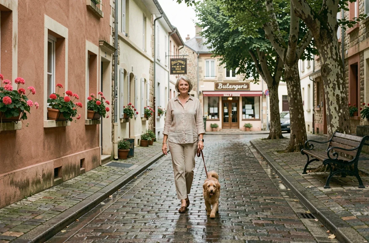 Rue calme et verdoyante d'un quartier résidentiel de Saint-Étienne avec des maisons en pierre et une femme promenant son chien