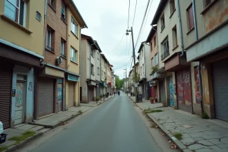 Rue d'un quartier sensible de Maison-Alfort avec immeubles vieillissants et commerces fermés