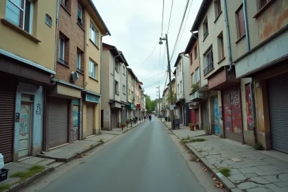 Rue d'un quartier sensible de Maison-Alfort avec immeubles vieillissants et commerces fermés