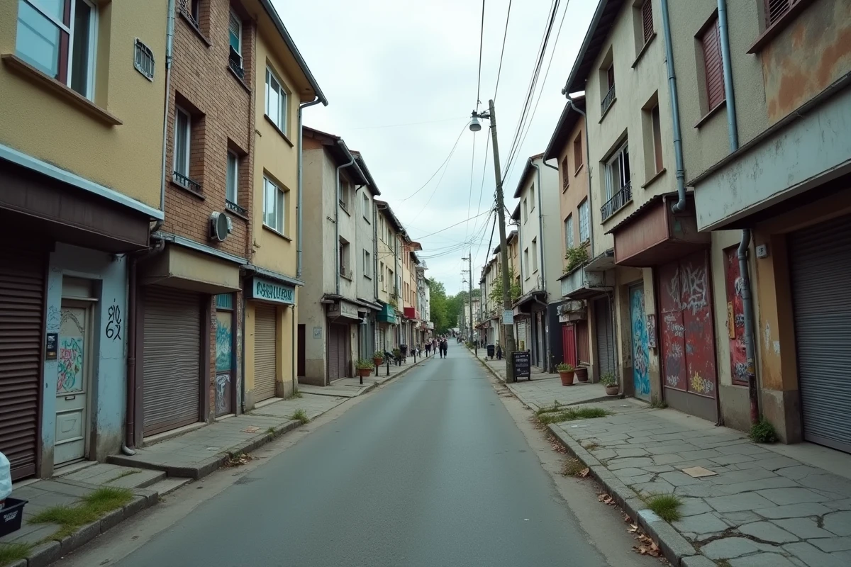 Rue d'un quartier sensible de Maison-Alfort avec immeubles vieillissants et commerces fermés