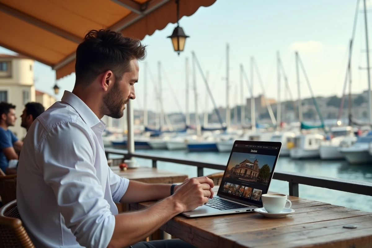Homme recherchant des biens immobiliers sur ordinateur en terrasse de café avec vue sur le Vieux-Port de Marseille
