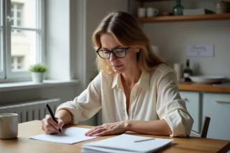 Femme rédigeant une lettre de préavis pour un logement social à la table de sa cuisine