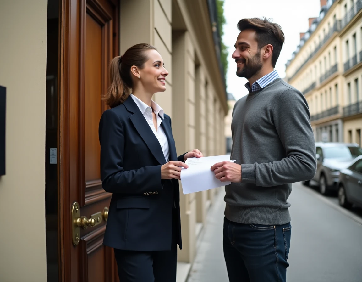 Agent immobilier remettant un bail signé à un locataire devant un immeuble parisien comme justificatif d'occupation pour la taxe sur les logements vacants