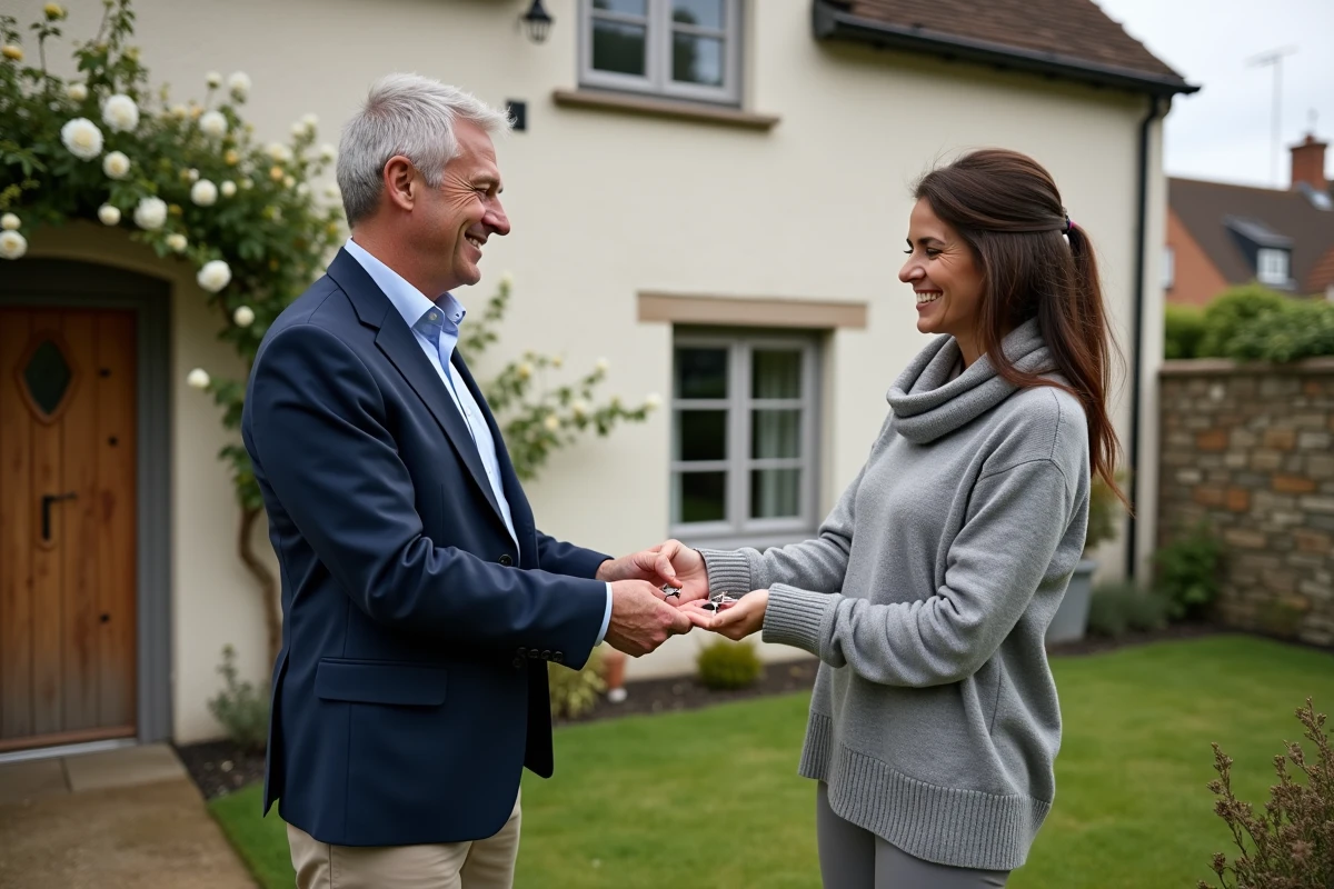 Agent immobilier remettant les clés d'une petite maison avec jardin à louer dans l'Eure à une nouvelle locataire