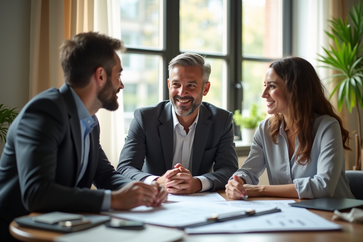 Couple souriant rencontrant un banquier dans un bureau moderne