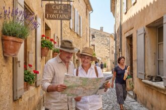 Couple de touristes consultant une carte dans une rue pavée d'un petit village héraultais pour repérer les bons quartiers