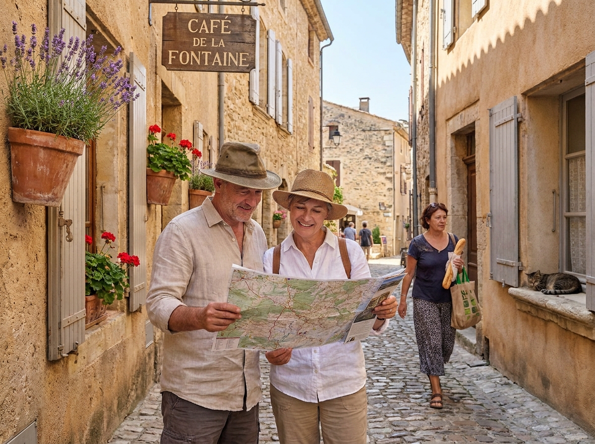 Couple de touristes consultant une carte dans une rue pavée d'un petit village héraultais pour repérer les bons quartiers