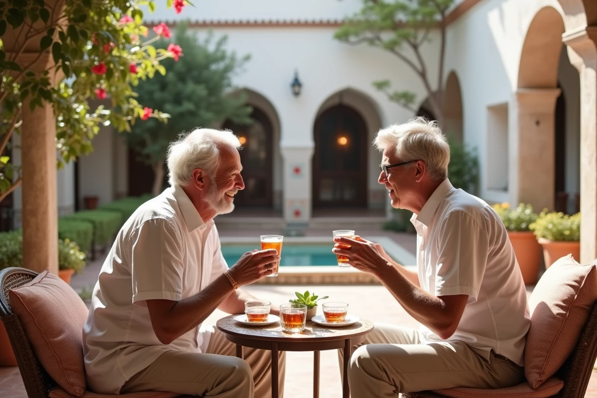 Couple de retraités européens profitant de la terrasse d'une petite villa à vendre à Marrakech pour un budget abordable