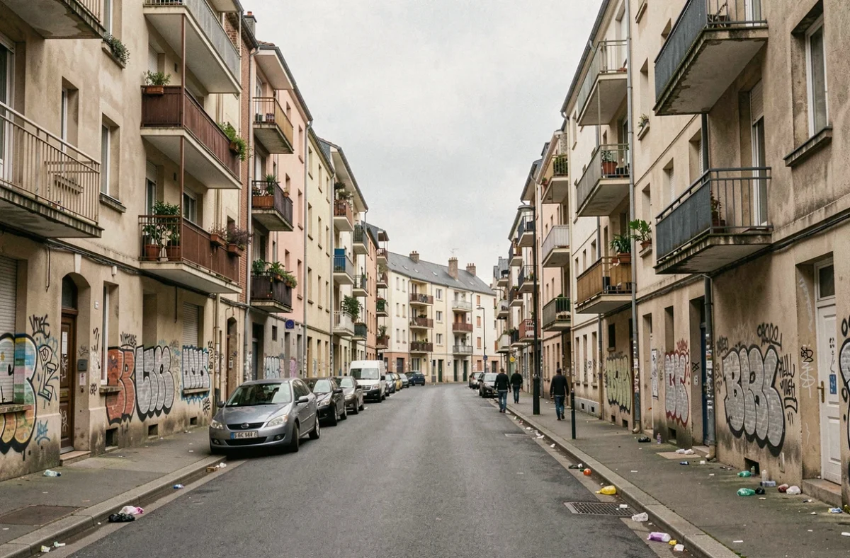 Rue de quartier défavorisé à Rennes avec immeubles vieillissants et tags sur les murs