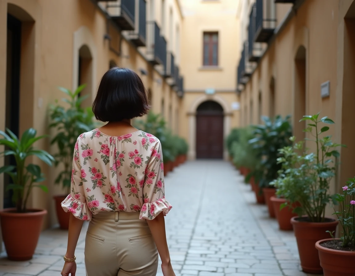 Femme se promenant dans une ruelle calme du centre historique de Nîmes avec des façades en pierre calcaire