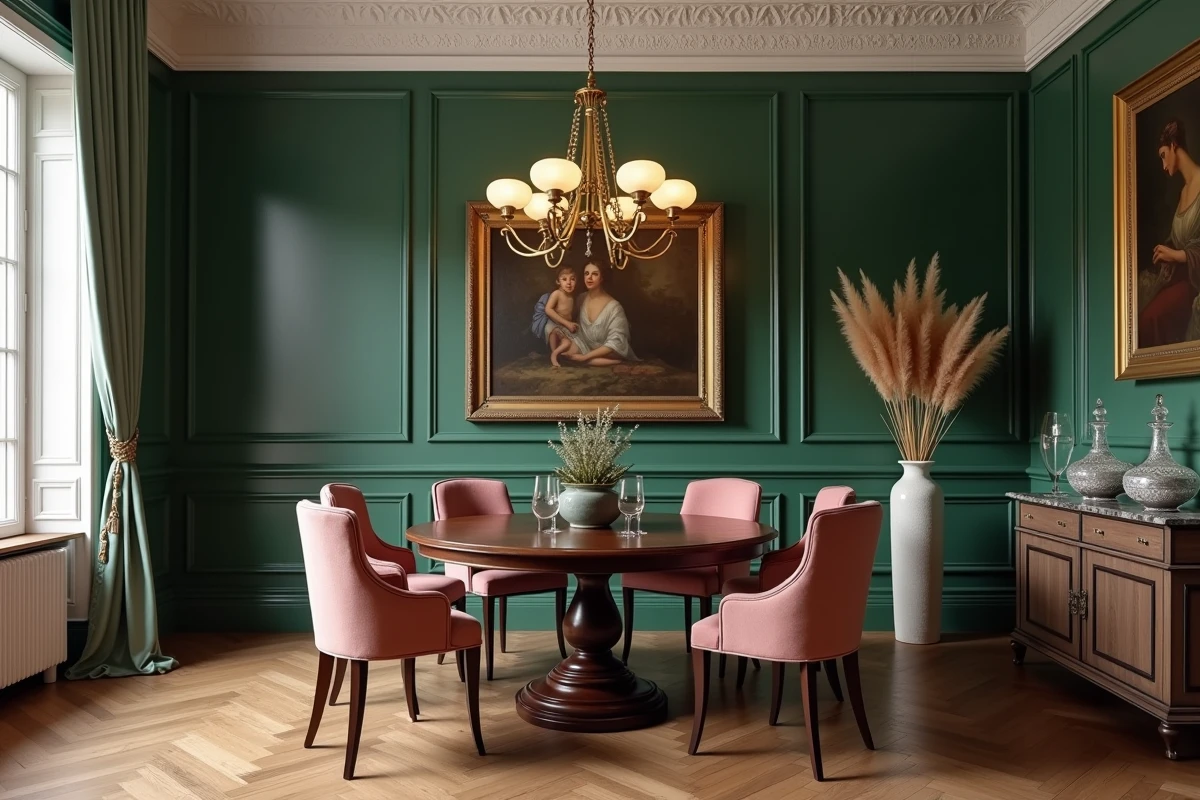 Salle à manger haussmannienne avec moulures en plâtre, peinture vert forêt et table ronde en noyer
