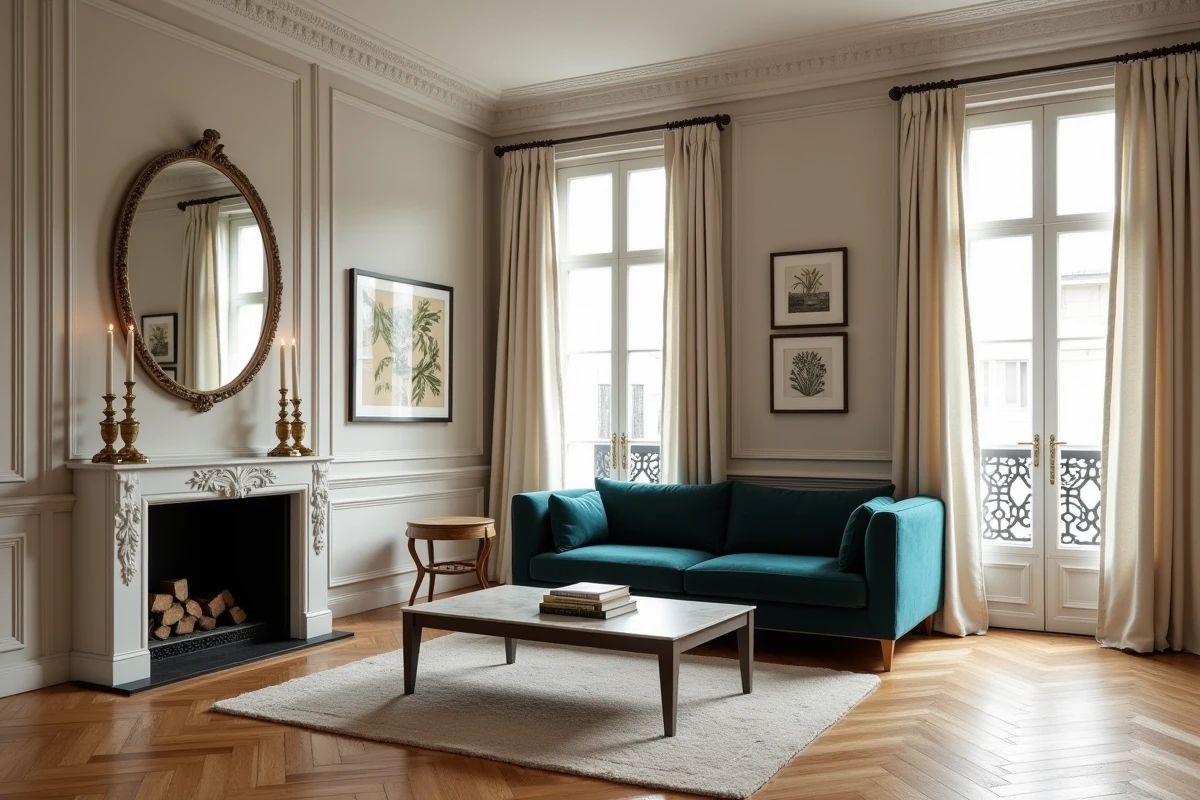 Salon de style haussmannien avec parquet en point de Hongrie, moulures en plâtre et cheminée en marbre blanc