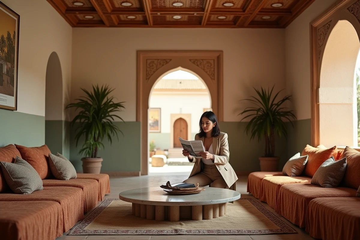Femme consultant une brochure immobilière dans le salon raffiné d'une villa marocaine avec boiseries en cèdre à Marrakech