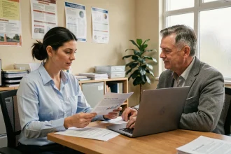 Une femme discute de son dossier prioritaire de logement avec un conseiller SYPLO dans un bureau administratif moderne
