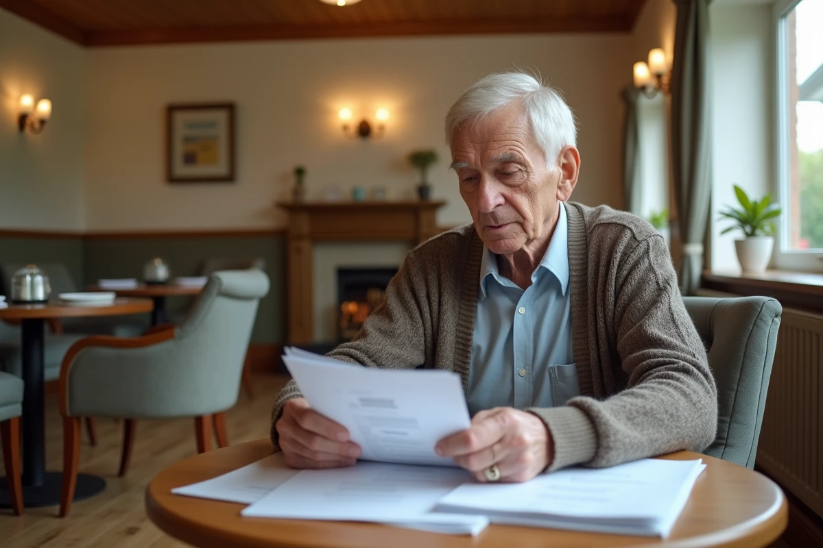 Seniors examinant des factures dans un salon convivial