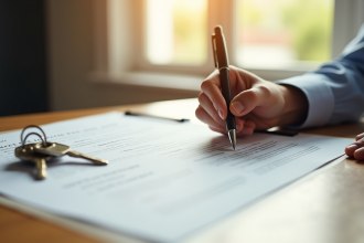 Main signant un contrat de location avec clés et stylo