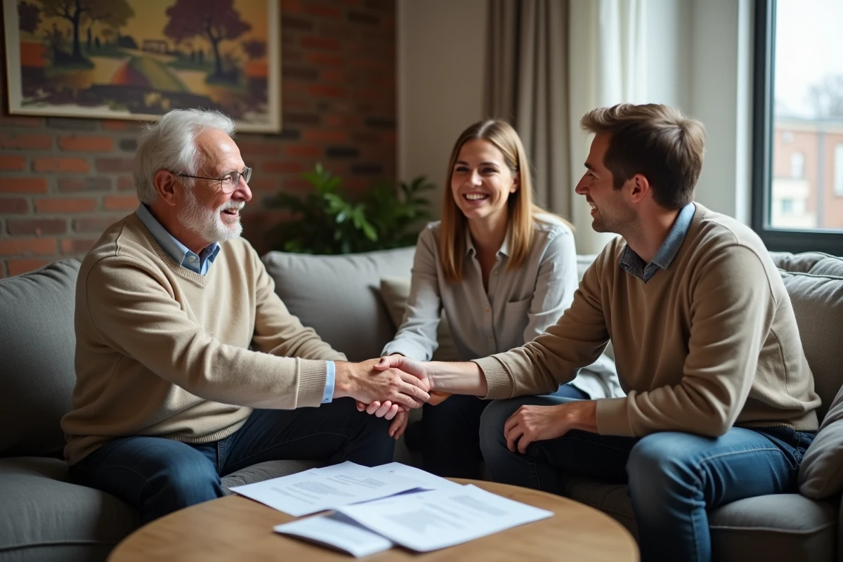 Homme et couple signant un contrat dans un appartement chaleureux
