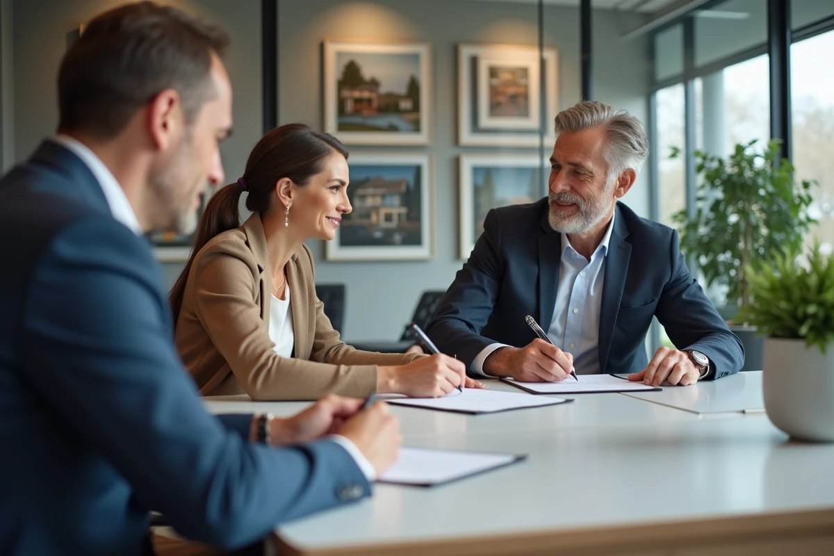 Couple de vendeurs signant un compromis de vente avec un conseiller immobilier Kretz