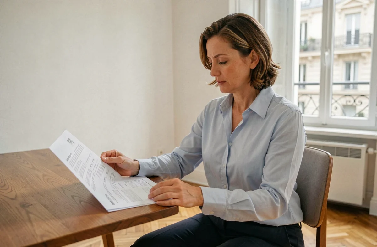 Femme consultant un contrat d'assurance habitation à son bureau dans un appartement de Bourges