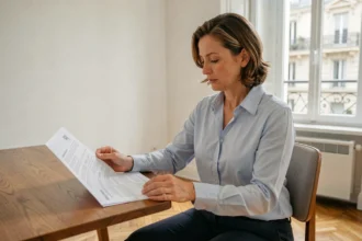 Femme consultant un contrat d'assurance habitation à son bureau dans un appartement de Bourges