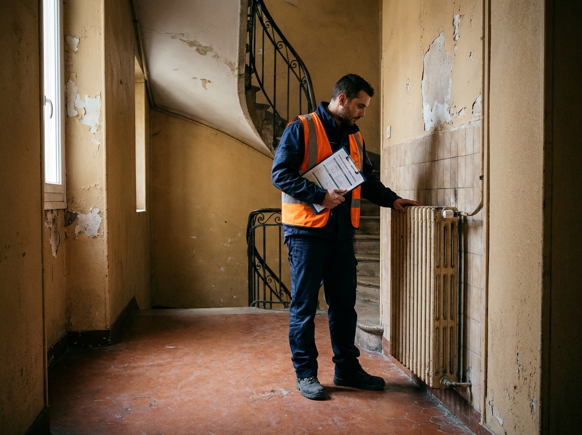 Technicien réalisant un audit énergétique dans le couloir d'un immeuble ancien à Marseille avec formulaire DPE
