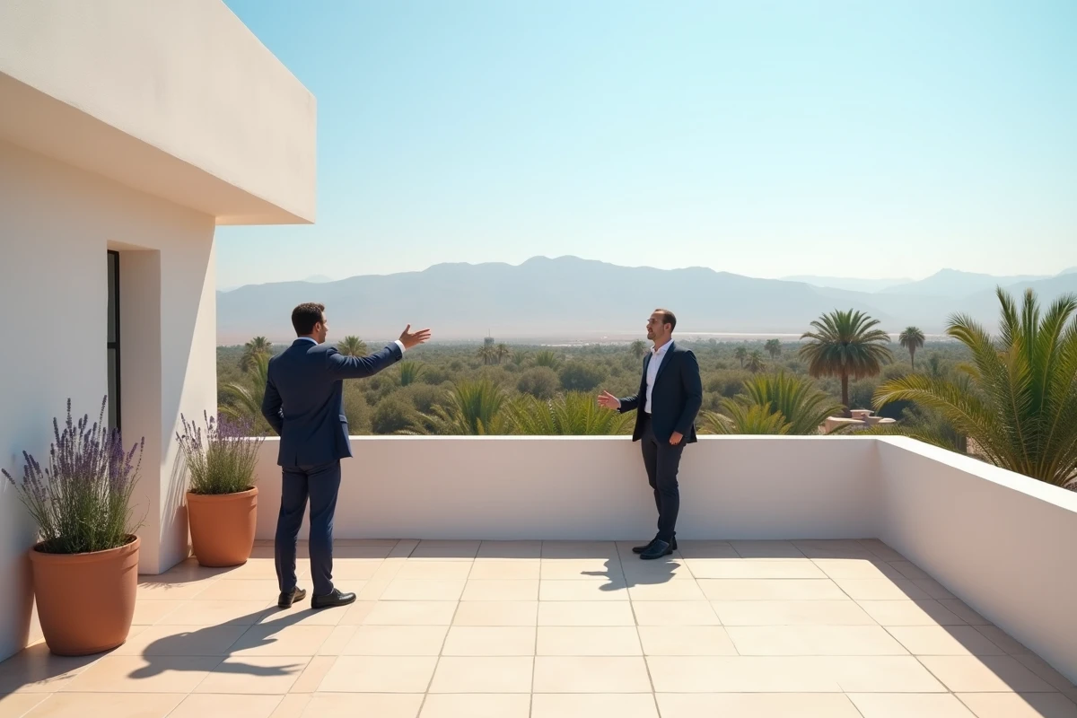 Agent immobilier présentant une terrasse de villa moderne à Marrakech avec vue sur la palmeraie et l'Atlas