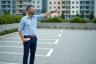 Urbaniste devant parking organisé avec plans et lignes optimisées