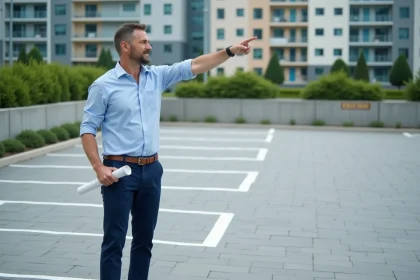 Urbaniste devant parking organisé avec plans et lignes optimisées