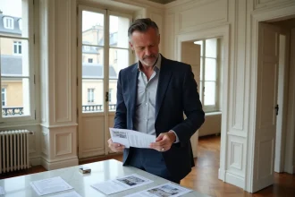 Vendeur immobilier examinant des documents dans un appartement familial parisien de style haussmannien