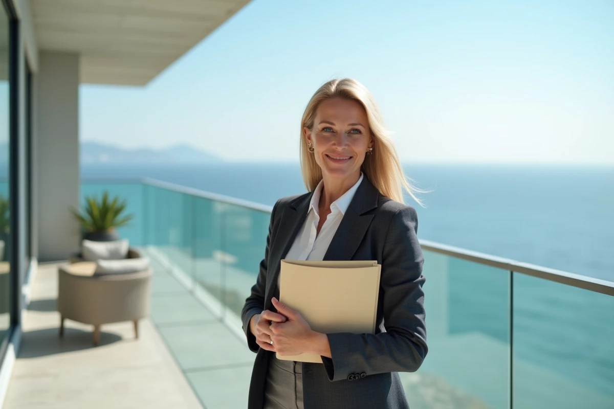 Agent immobilière présentant un appartement vue mer à vendre sur une terrasse moderne avec vue panoramique sur la Méditerranée