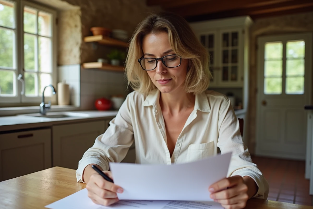 Femme examinant un contrat de location pour une petite maison avec jardin dans l'Eure en Normandie