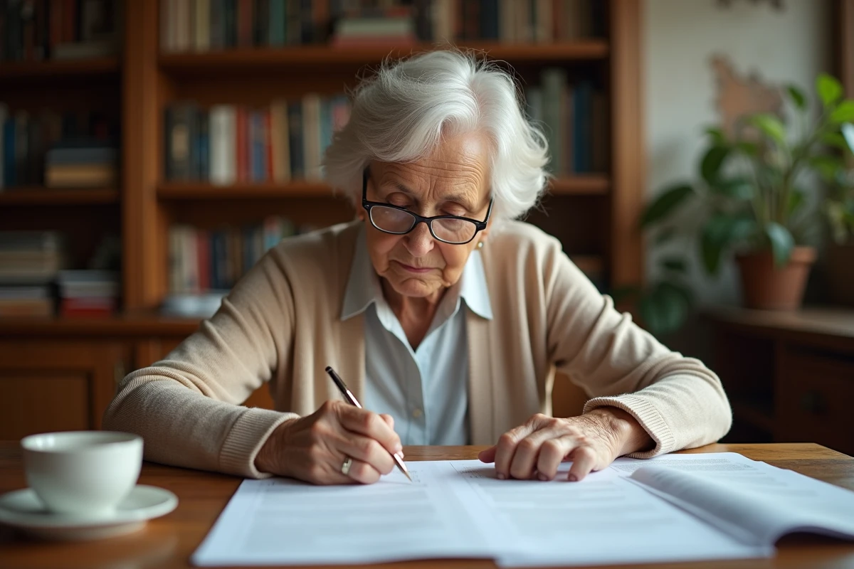 Une femme âgée examine des documents notariés liés à une vente en viager dans son appartement, illustrant la fiscalité et les frais de notaire pour le vendeur