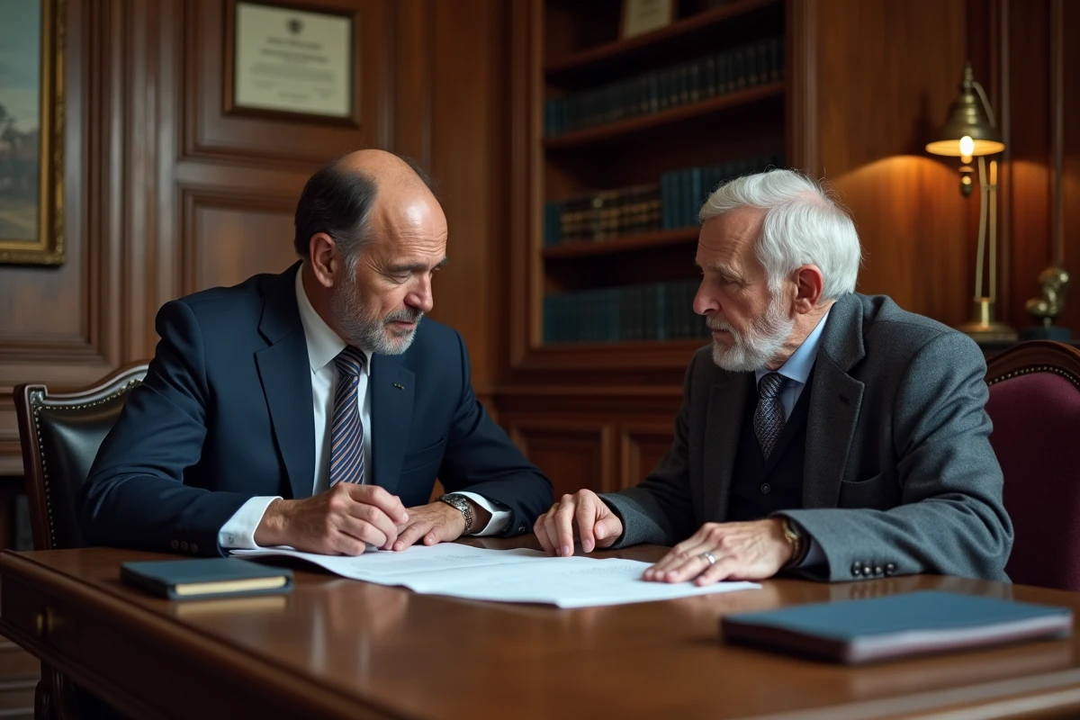 Un notaire discute des frais et de la fiscalité d'une vente en viager avec un vendeur âgé dans un office notarial traditionnel en France